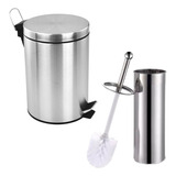 Kit Lixeira 5 Litros + Escova Sanitária Para Banheiro Inox Cor Prateado