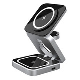 Mr. Gadgets Cargador Inalámbrico 3 En 1 Plegable Magnético Soporte Estacion De Carga Rapida 15w Qi Para iPhone, AirPods, Apple Watch, Color Negro