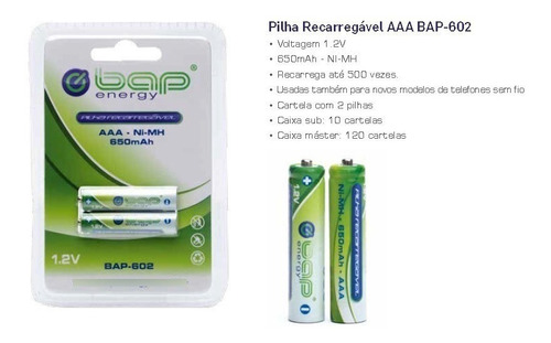 Pilha Recarregavel Aaa Palito 1,2v 650mah Bap Energy