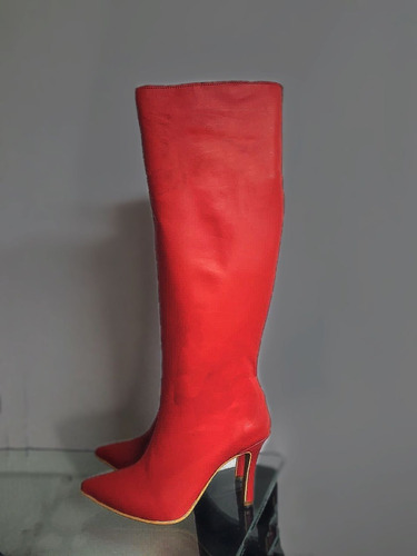 Bota Lámas Cuero Rojo Taco Fino 9 Cm Luis Xv Stiletto