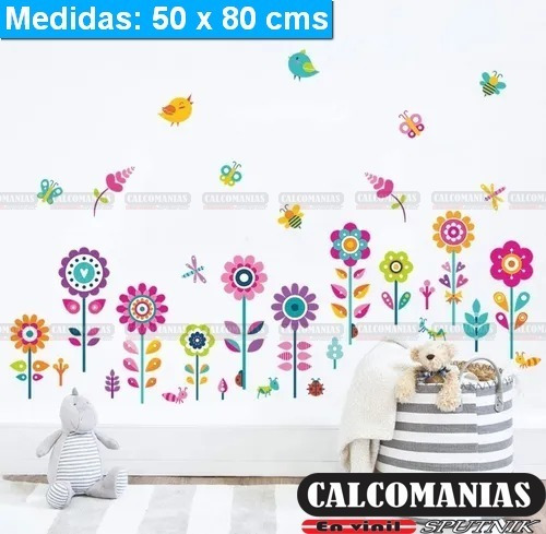 Vinil Decorativo Infantil Flores De Colores Abejas Mariposas