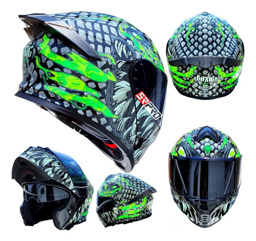 Casco Moto Kov Abatible Toxic Escamas Verde Neon Mas Lentes 