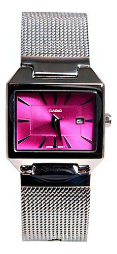 Reloj Casio Mujer Vintage Malla Tejida Fucsia Ltp1333bd-4a Color De La Malla Plateado Color Del Bisel Plateado Color Del Fondo Rosa