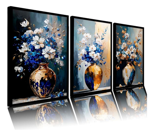 Quadros Decorativo Vaso Em Flores Azul Ouro Sala Hall