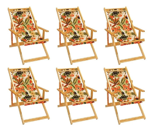 Kit 6 Cadeiras Preguiçosa Dobrável Madeira - Estampa Floral 