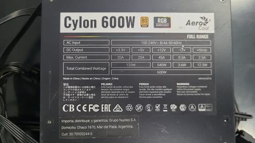 Fuente Pc Aerocool Cylon 600w Full Range 600w 100v/240v