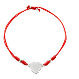 Pulsera Corazón Plano Plata Fina 925 Cordón Rojo