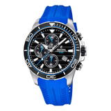 Reloj De Pulsera Festina The Originals F20370 De Cuerpo Color Plata, Analógico, Para Hombre, Fondo Negro, Con Correa De Goma Color Azul, Agujas Color Blanco, Gris Y Azul, Dial Blanco Y Gris, Subesfera