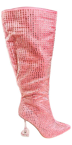 Botas Mujer Con Tacón Transparente Largas Con Brillos Rosas