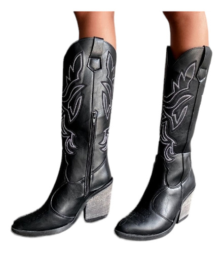 Botas Bucaneras Texanas Bordadas Taco Cuero P.u. Mujer 