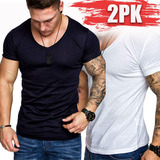 Manga Corta Camisetas Hombre Cuello V Slim Fit Comoda 2 Pcs