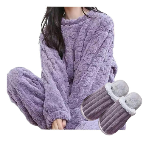 Conjunto Pijama Mujer Pijama Forro Polar + Pantuflas 