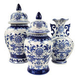 Kit De Porcelana Azul E Branca Potiche E Vaso Decoração