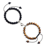 Pulsera Pareja Cuarzo Ojo De Tigre-onix Iman + Estuche