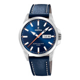 Reloj De Pulsera Festina Classics F20358 De Cuerpo Color Plata, Analógico, Para Hombre, Fondo Azul, Con Correa De Cuero Color Azul, Agujas Color Gris, Blanco Y Naranja, Dial Blanco Y Gris Y Naranja, M