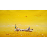 Cuadros Barcos Amanecer Amarillo 50x90 Pintado A Mano 109