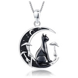 Collar Luna Creciente Gato Negro, Plata 925