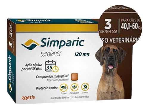 Antipulgas Simparic 40 A 60kg Cães 120mg 3 Comprimidos