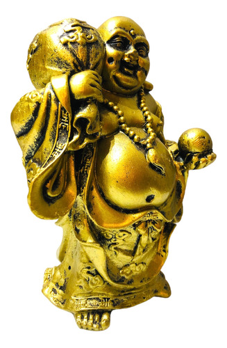 Buda Da Sorte Riqueza Dourada Estatua Da Prosperidade Resina