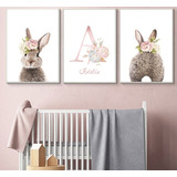 Kit 3 Quadros Decorativo Coelho Infantil Rosa Personalizado 