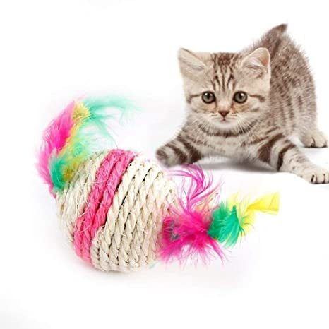 Juguete Gato Gatito Pelota Mimbre Con Plumas 