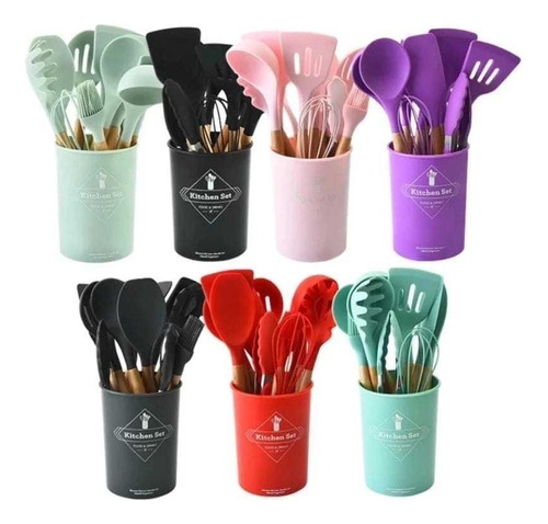 Kit 12 Utensílios De Cozinha Em Silicone E Cabo De Madeira