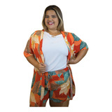 Short + Kimono Plus Size Estampado Vermelho Conjuntofeminino