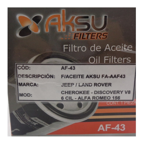 Filtro Aceite Jeep Cherokee Land Rover Discovery Af-43 Foto 3