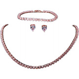 Conjunto Colar Brinco Pulseira Strass Dourado Rose Rosado