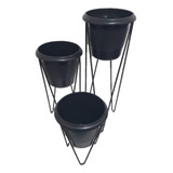 3 Suportes Preto Boca De Ø 20cm Com Vasos Preto H60,45,30