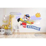 Vinil Decorativo Infantil Osito En Avion Con Nubes Y Sol