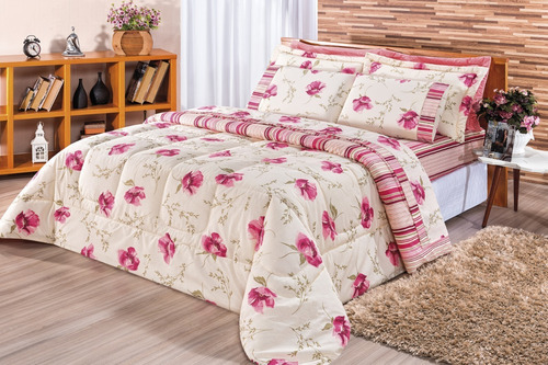 Edredom Requinte Casal King- 03 Peças Dupla Face 180 Fios Cor Floral Rose