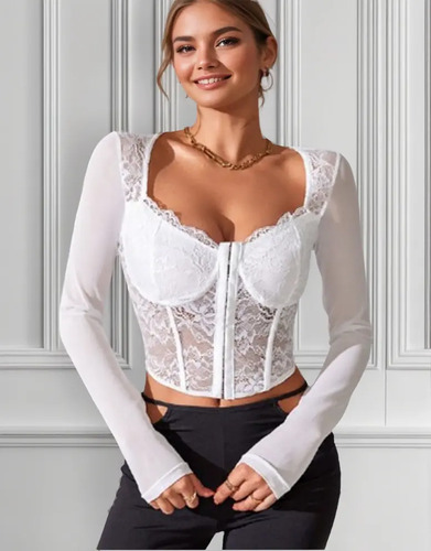 Blusa Crop Top Elegante Corset Encaje Malla Manga Larga