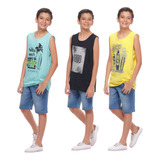 Kit 3 Camiseta Regata Infantil Masculina Meninos Juvenil