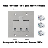 Placa Tomada De Piso Rede  4x4 Aço Inox + 3 Conectores Cat5e