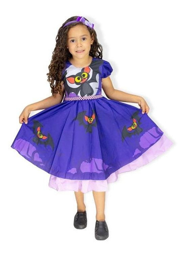 Vestido Halloween Infantil Morcego Mavis + Tiara 3 A 12 Anos