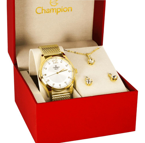 Relógio Feminino Dourado Kit Champion Com Cristais Original