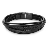 Pulseira Life Masculina Trançada Couro Preto 19,5 Cm Comprimento 20.5 Cm