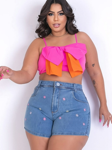 Short Jeans Plus Size Hot-paint  Crochê  C/  Laycra 