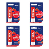 Kit C/4 Hidratante Labial Nivea Morango Shine Com 4,8g