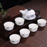 Juego De Té Flor Loto Porcelana Blanco Negro Tetera 6 Tazas