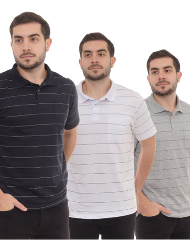 Kit 3 Peças Camiseta Masculina Polo Listrada Básica C/ Bolso