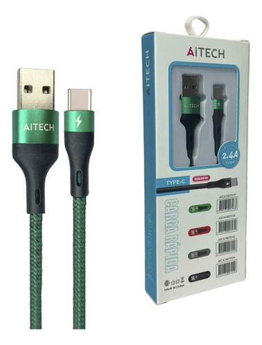 Cable Usb Aitech Mallado 2.4a Fast Charging Tipo C 1m Color Verde