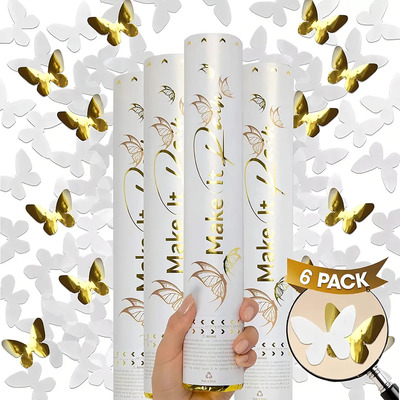 6pzs Cañones Confeti Diseño Mariposas Doradas Blancas, Confeti Para Fiestas De Boda, Eventos, Celebraciones De Cumpleaños
