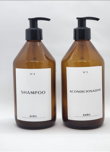 Set Dispenser Vidrio Ambar De 500 Cc Shampoo Acondicionador