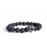 Pulsera Hombre Piedras Negras Volcánicas Lobo Tallado Acero