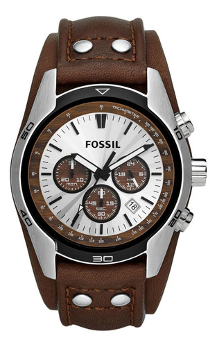 Reloj De Pulsera Fossil Coachman De Cuerpo Color Plateado, Analógico, Para Hombre, Fondo Beige, Con Correa De Cuero Color Marrón, Agujas Color Blanco Y Negro, Dial Negro, Subesferas Color Marrón Y Neg