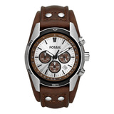 Reloj De Pulsera Fossil Coachman De Cuerpo Color Plateado, Analógico, Para Hombre, Fondo Beige, Con Correa De Cuero Color Marrón, Agujas Color Blanco Y Negro, Dial Negro, Subesferas Color Marrón Y Neg