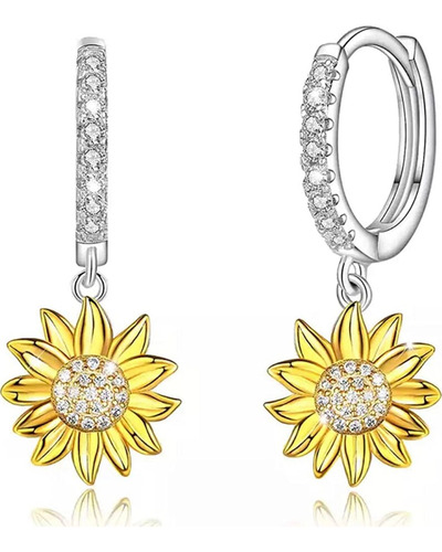 Aros Girasol Plata 925 Circonitas Blancas Regalo Flor