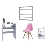 Kit Mesa 77cm P/ Home Office C/ Cadeira Expositor E Carrinho